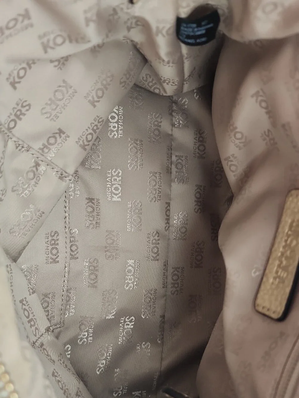 Michael Kors Metallic Gold Logo Satchel with Beige Paneling